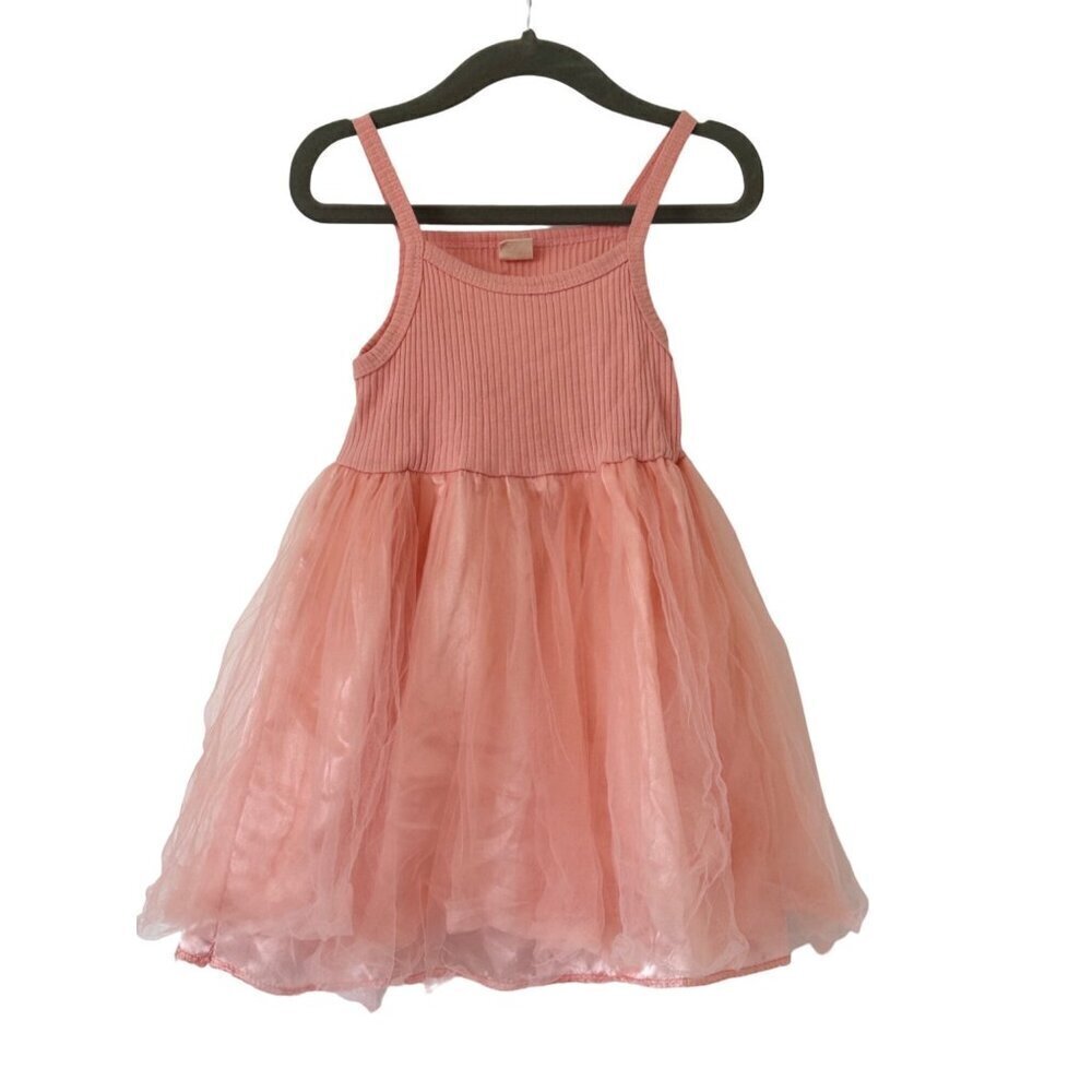 Girls Light Pink Ribbed Bodice Dress with Tulle Skirt, Size 24M